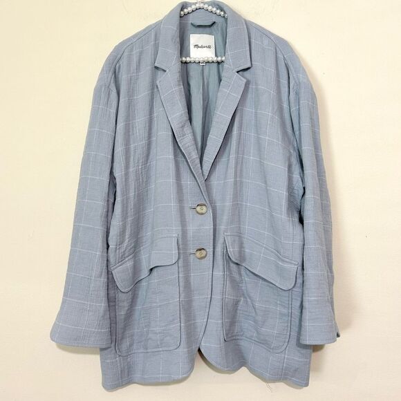 Madewell Sky Blue Window Pane Linen Cotton Blend Relaxed Larsen Blazer SIZE XL - Picture 3 of 11